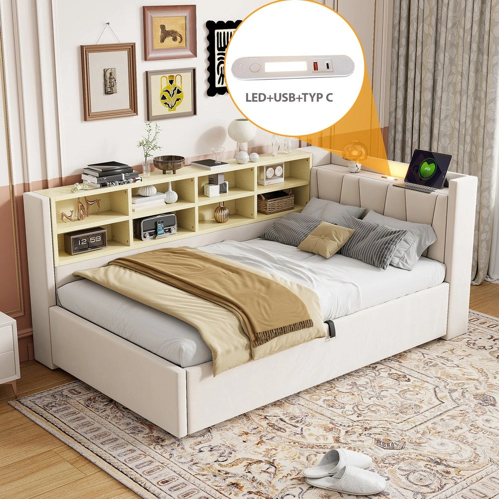 Letto Imbottito Contenitore con Testiera, Luce LED e USB ¨C MINIMAL ¨C Velluto Beige 90x200