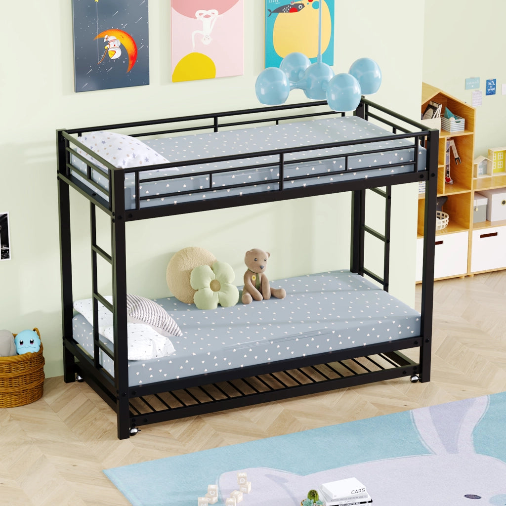 Letto a castello in metallo con letto estraibile; sponde alte e doghe; certificato EN747; nero; 90x200 cm