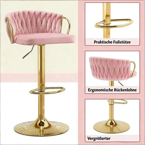 Set di 2 sgabelli da bar girevoli regolabili in altezza con schienale e poggiapiedi in velluto rosa