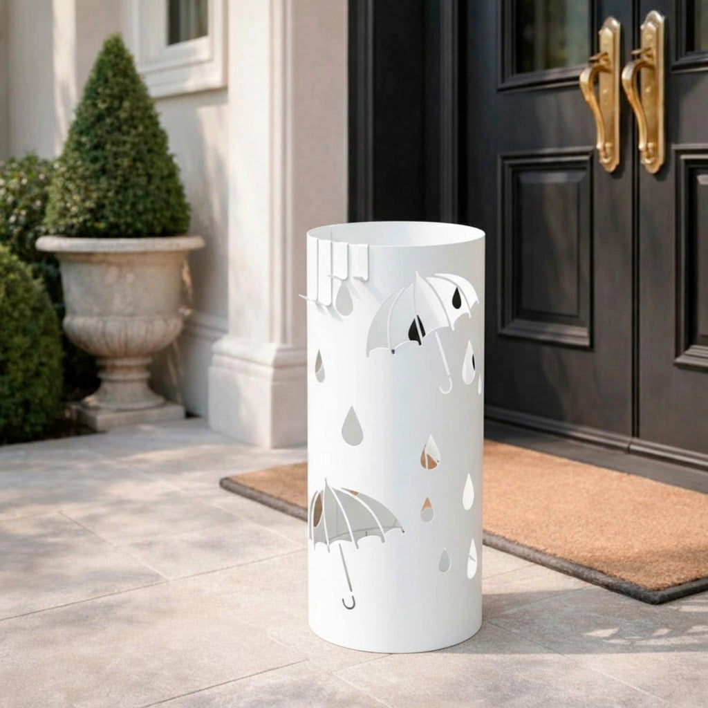 Portaombrelli Rotondo In Acciaio Zincato Dotato Di Vaschetta Scolapioggia E 4 Ganci Removibili Base Antiscivolo Design Moderno Per Ingresso Casa E Ufficio 41 X 17 Cm Bianco