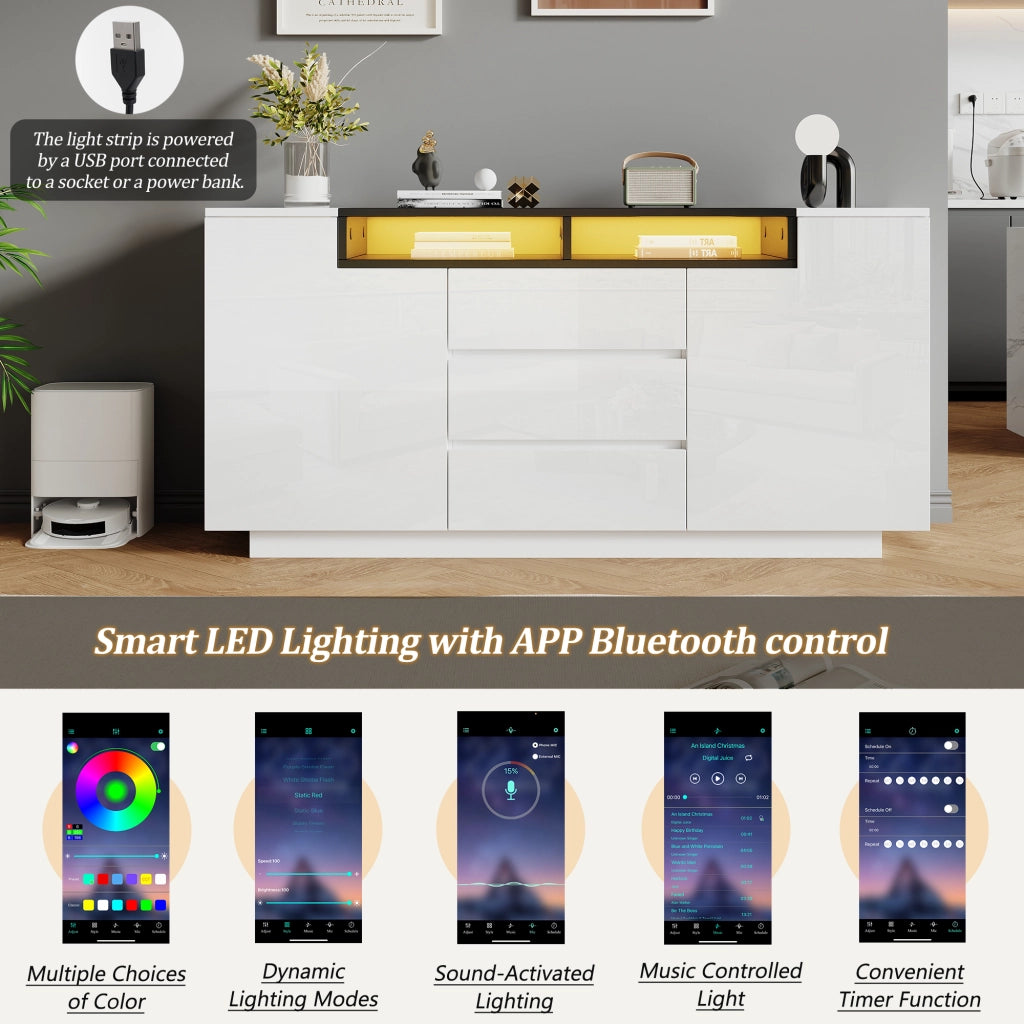 Credenza con 2 ante; 3 cassetti; 2 vani semiaperti; LED controllata da app; per soggiorno; 140 × 40 × 68 cm