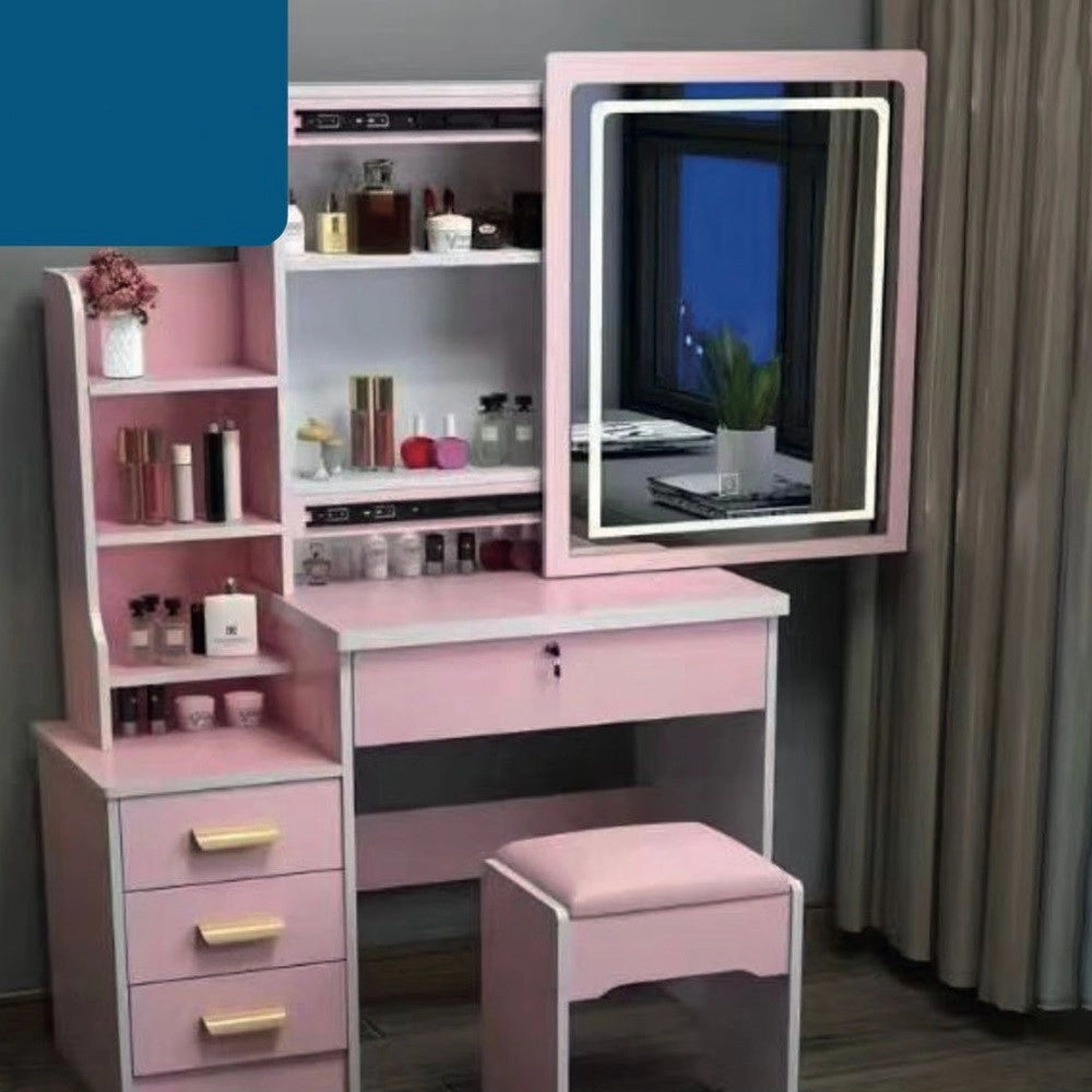 Trade Shop - Set Tavolo Da Toeletta Per Trucco Cosmetici Con Specchio Led Morbido Sgabello Cassetti - Rosa