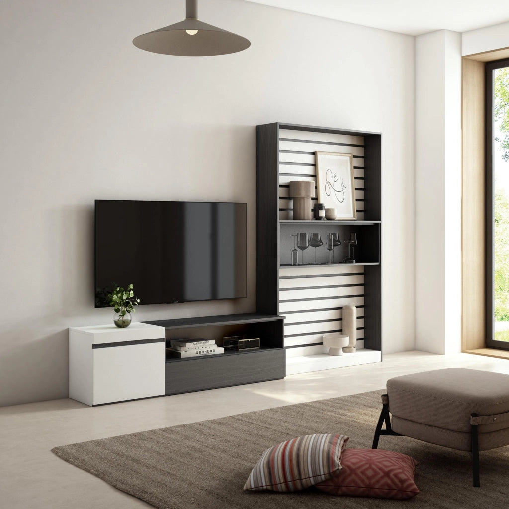 Mobile TV, Soggiorno, 260x35x186cm, Per TV fino a 65", Set di mobili, Bianco e nero RF2544