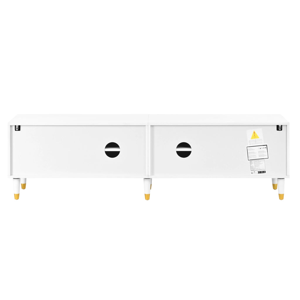 Mobile TV con 4 ante ad arco asimmetrico, ripiani e passacavi, gambe in legno massello, bianco, 180 × 40 × 50 cm