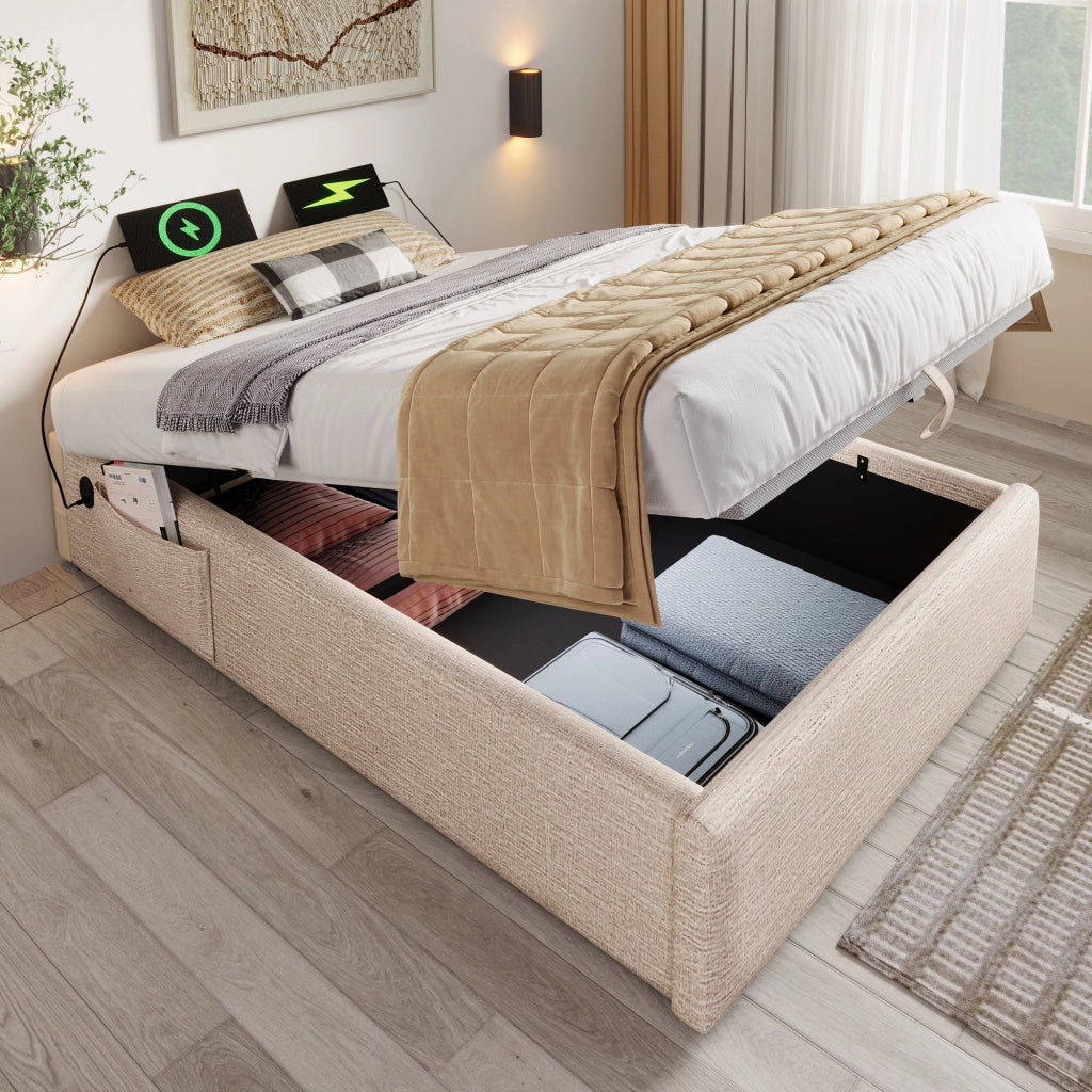 OKWISH Letto contenitore 90×200 cm, Letto Singolo con USB, Type C e Tasca Laterale, senza Materasso, in Lino, Beige Naturale
