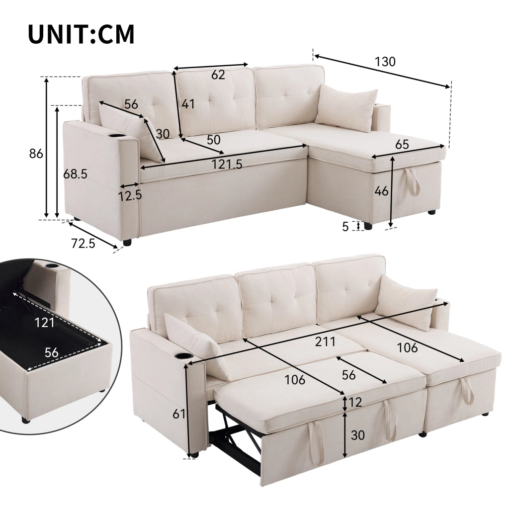 Divano letto L - Zephmum - Design moderno, bracciolo con portaoggetti, spazio di archiviazione