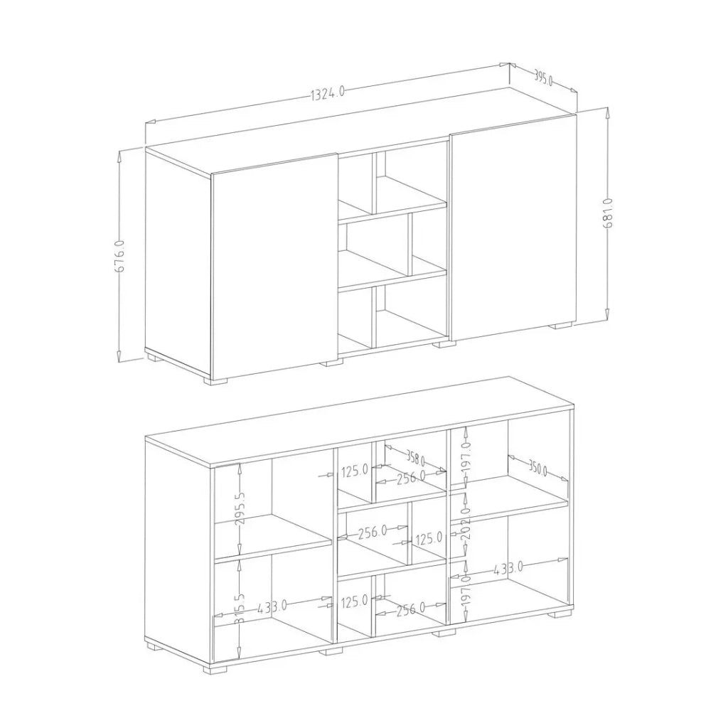 Buffet NARVA 130 cm effetto ardesia - 2 porte e 6 nicchie - 132.4 x 68.1 x 39.5 cm