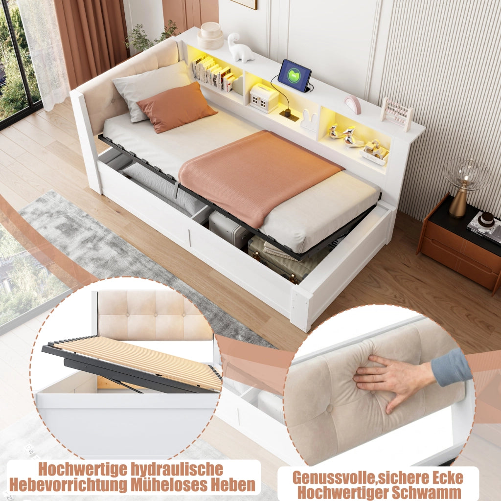 LETTO Contenitore laterale 90x200 cm Bianco con USB e LED