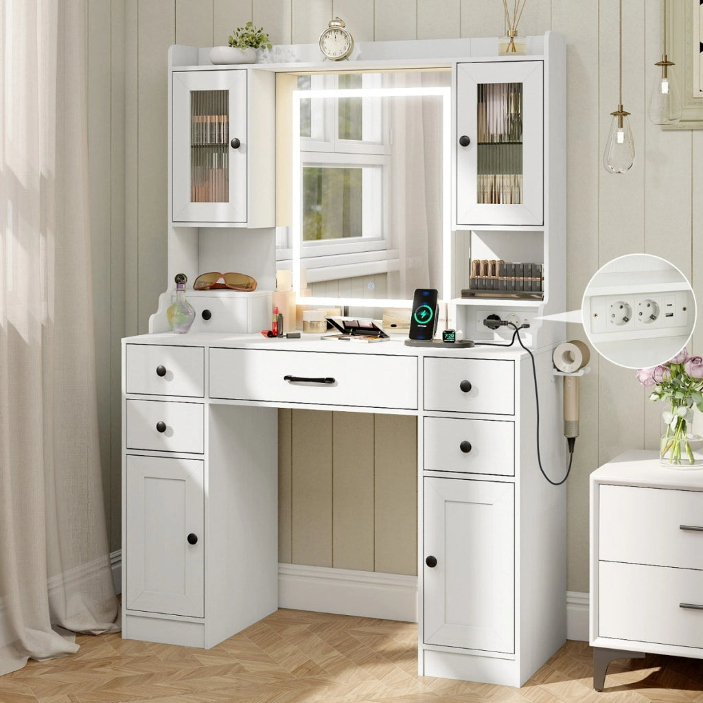 Tavolo trucco con prese di corrente e luminosit¨¤ regolabile, Scrivania trucco con porta asciugacapelli e cassetti-Tavoli da trucco