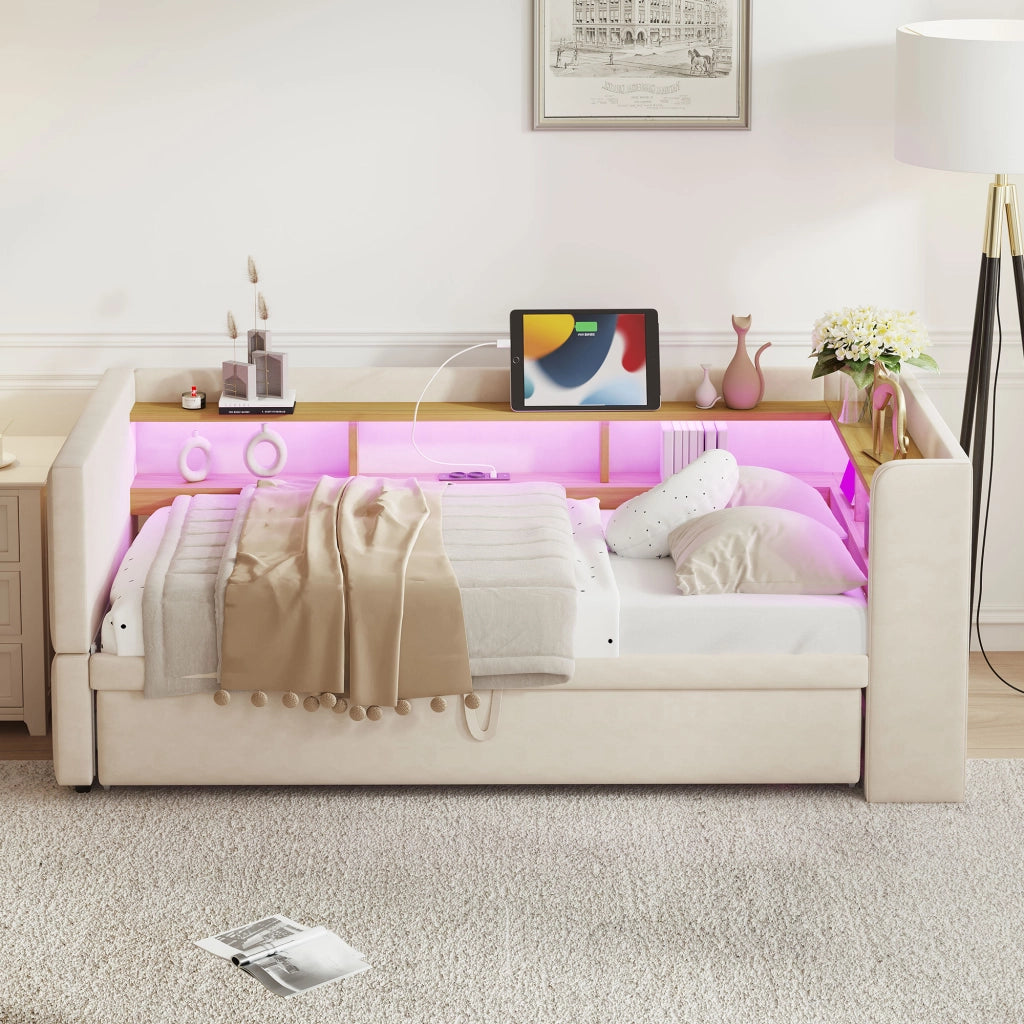 OKWISH Letto Divano Estraibile 90×190 cm e 180×190 cm, Letto Singolo con LED Regolabile, Prese e Scomparti, senza Materasso, Beige