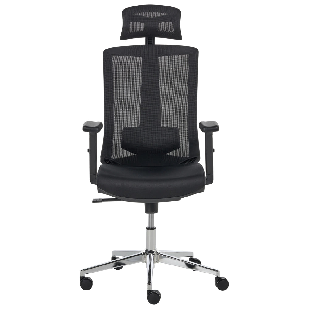 Sedia da ufficio in tessuto e rete nera, schienale e braccioli regolabili, design moderno, per l'ufficio domestico