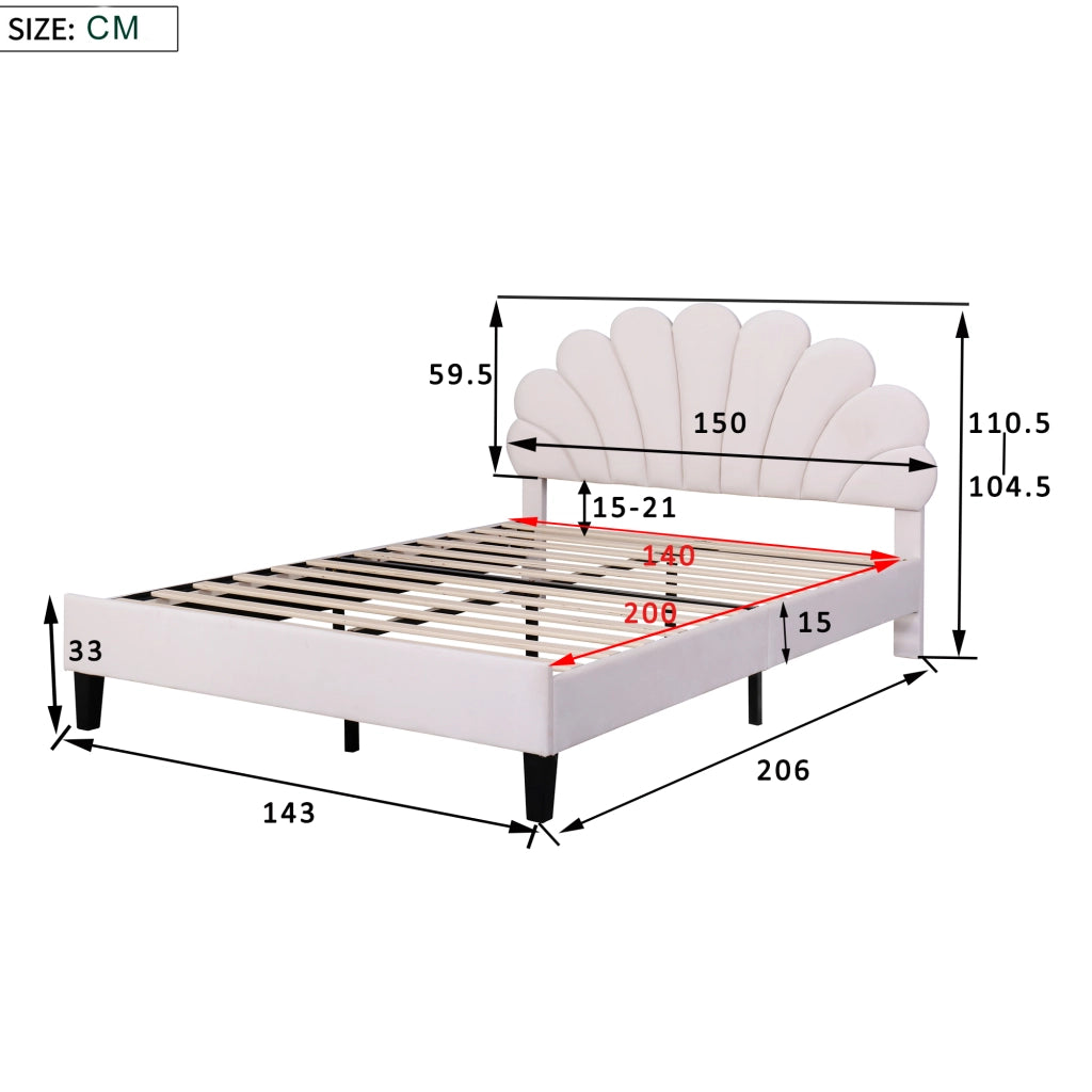 Letto imbottito in velluto con testiera a fiore e doghe; beige; 140x200 cm; senza materasso