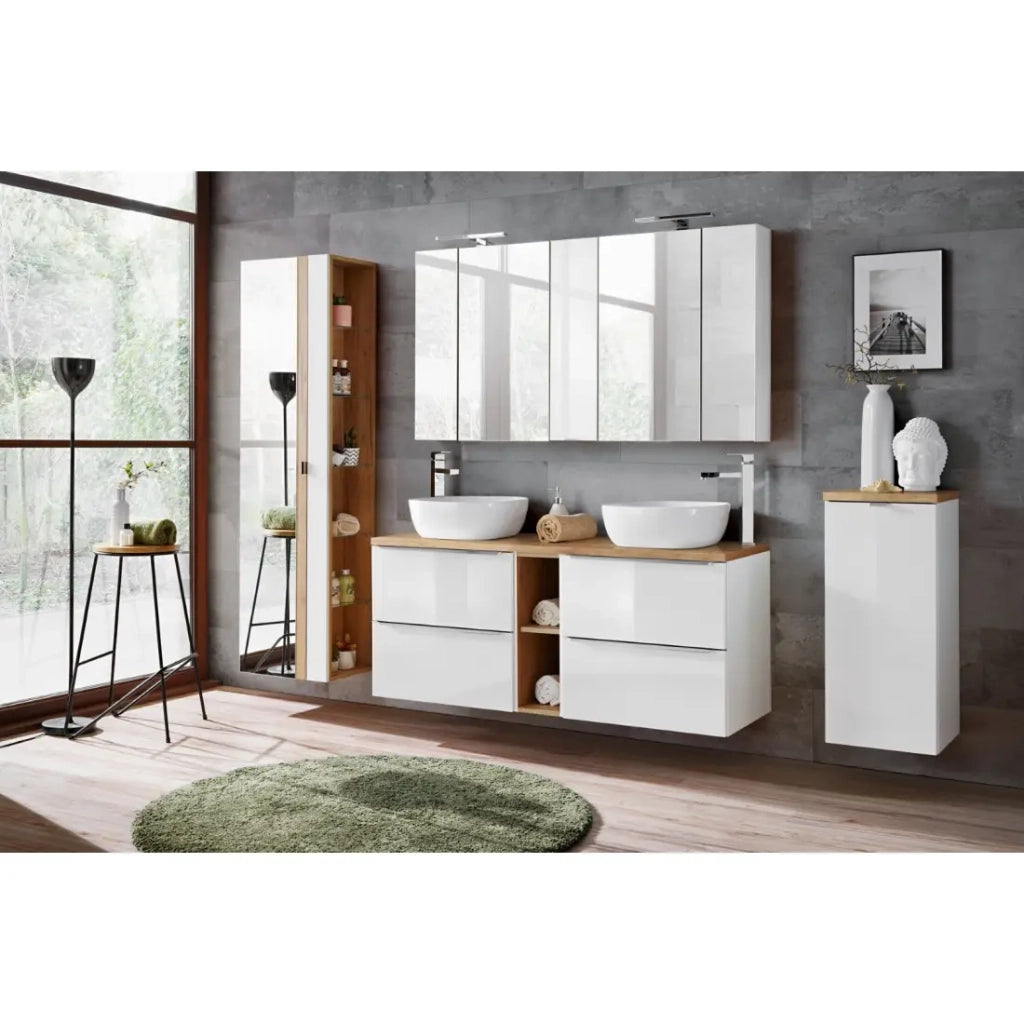 Accessorio da parete NALYA 57 cm - Bianco lucido e rovere chiaro - Elemento sospeso compatto