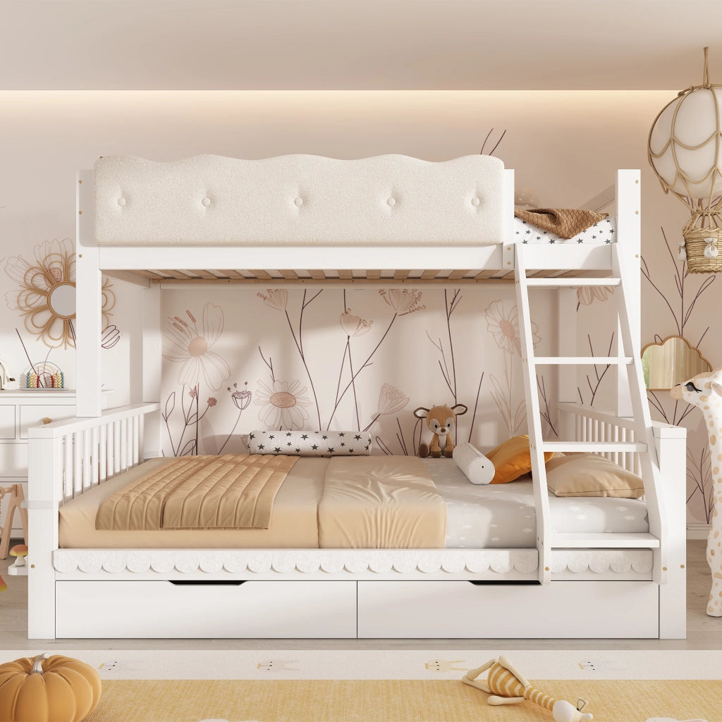 Letto a castello 90×200 cm e 140×200 cm con 2 cassetti e portariviste; senza materasso; legno; bianco