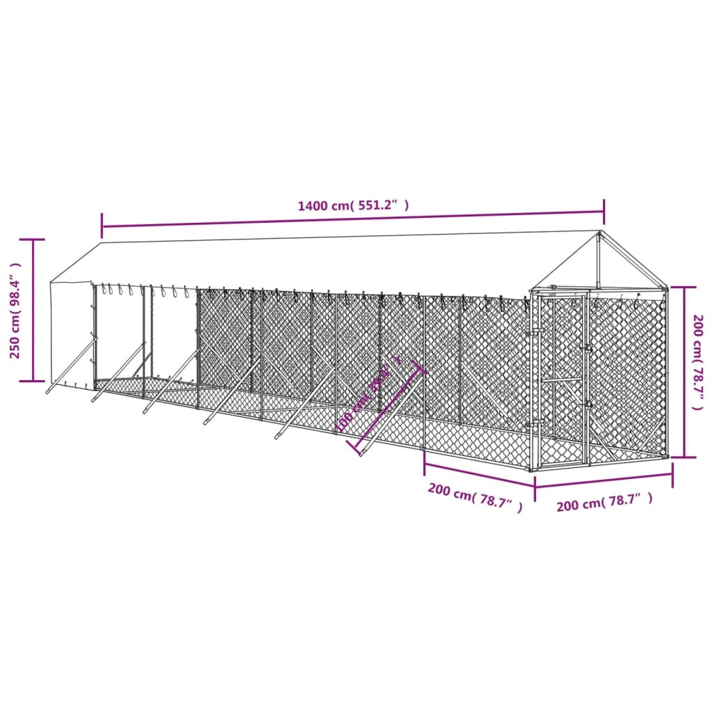 Cuccia/gabbia/recinto/zaino per animali da esterno con tetto argentato 2 x 14 x 2,5 m Argento 02_0041895