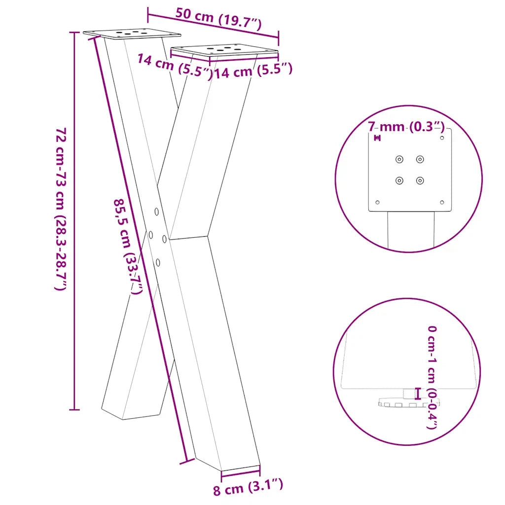 Gambe per tavolo da pranzo a forma di X 2 pz | Piede del tavolo nere 50x(72-73) cm in acciaio