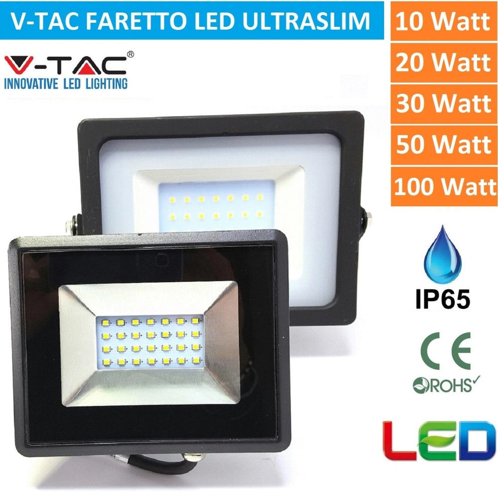 Trade Shop - V-tac Faro Faretto Led Smd 10w 20w 30w 50w 100w Slim Da Esterno Ip65 Colore Nero - -bianco Caldo-30 Watt