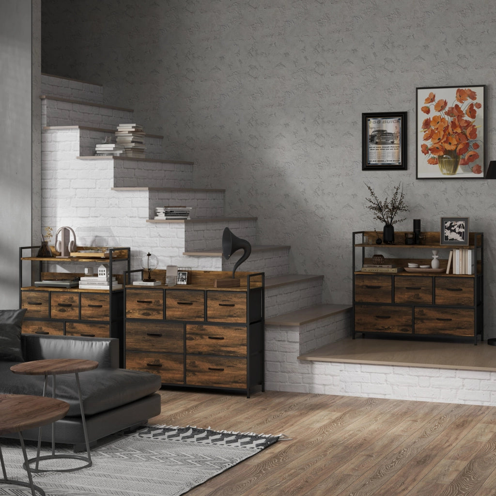 Cassettiera con 7 cassetti in tessuto, design industriale ¨C zephmum ¨C marrone/nero, 98x29x85cm