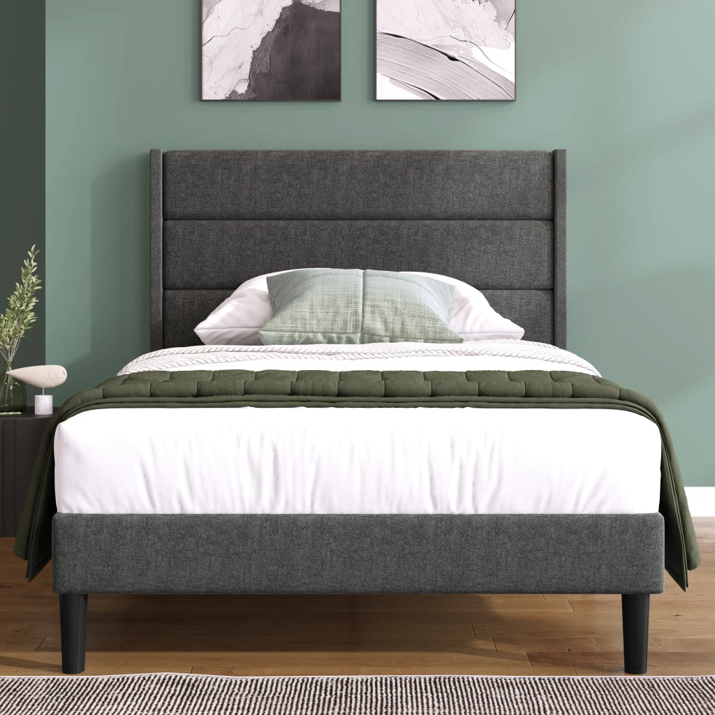 OKWISH Letto Singolo 90×200 cm con Testiera Imbottita e Doghe, senza Materasso, in Lino - Grigio Scuro