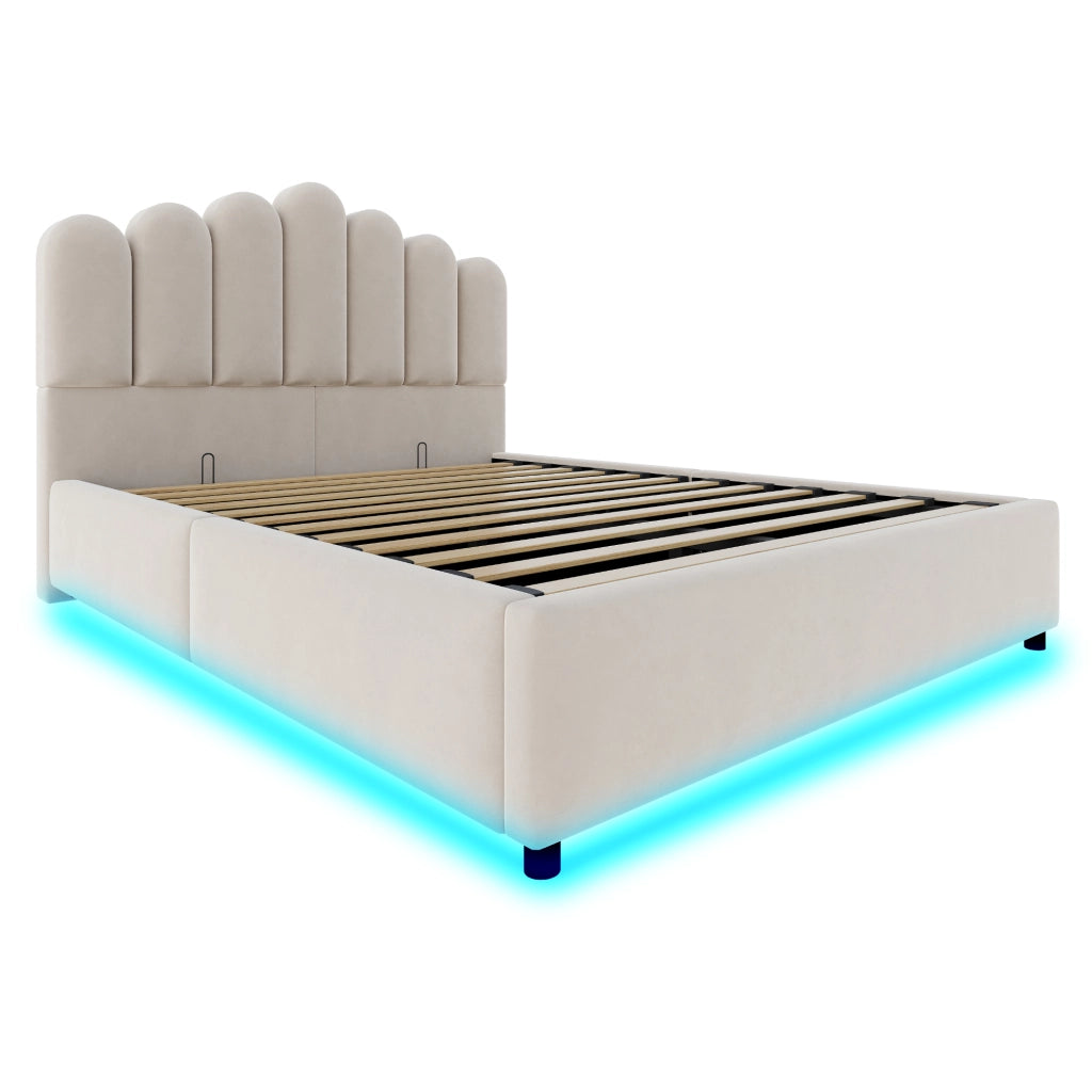 DESMIU Letto contenitore 140 × 200 cm 2 posti con LED e vano idraulico, senza materasso, in velluto, beige