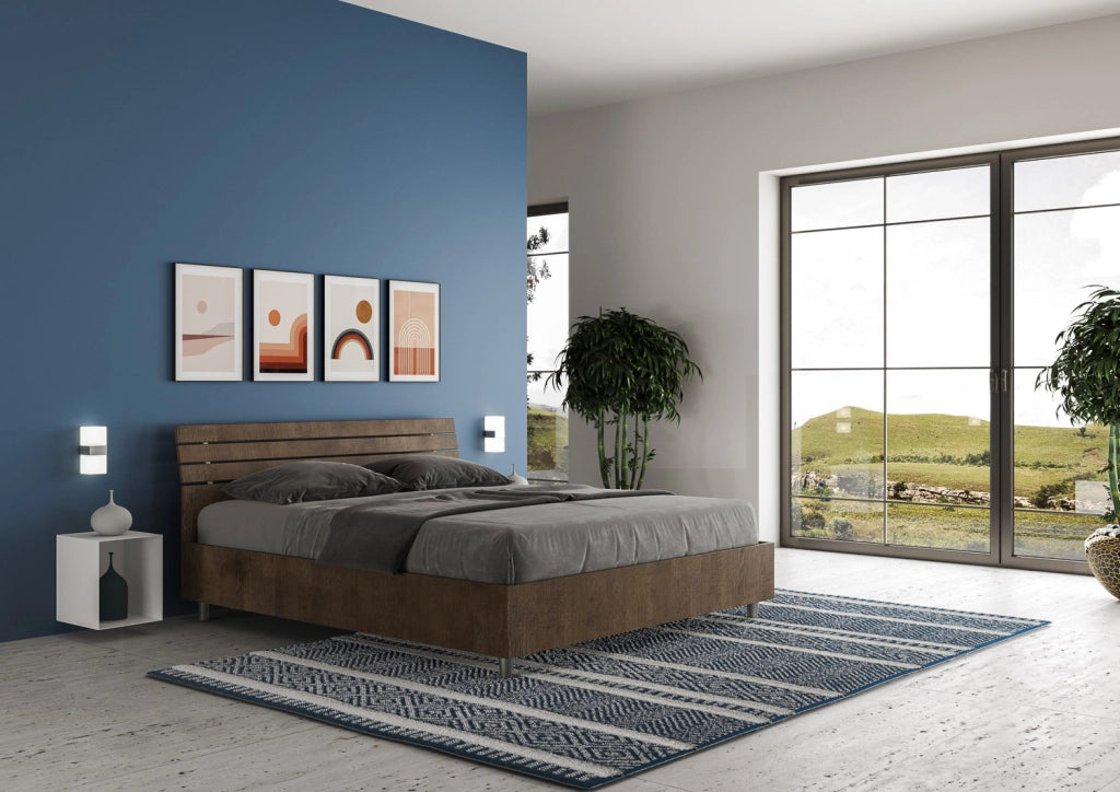 BS COM Letto matrimoniale contenitore 160x200 testata inclinata con doghe noce