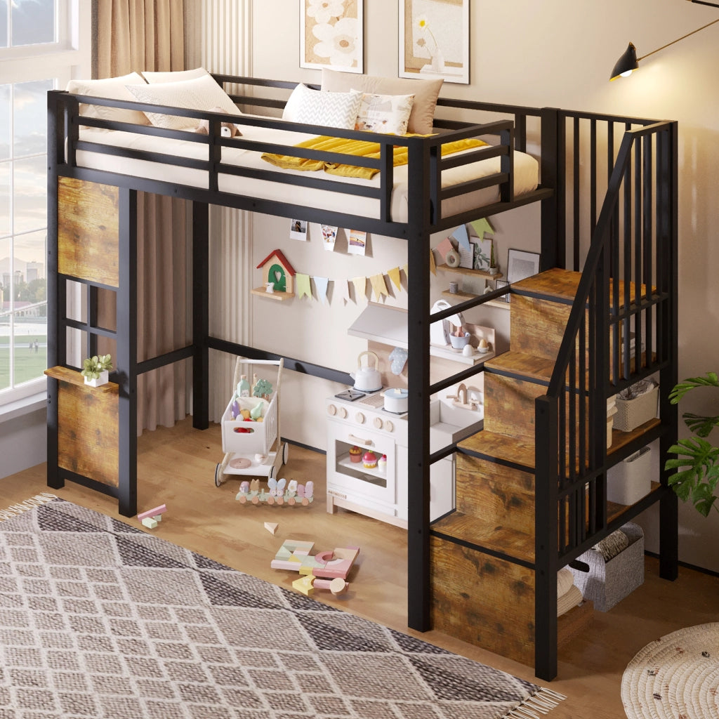 LETTO a soppalco 90x200 cm in metallo e MDF nero con scala contenitore