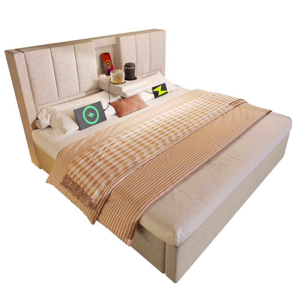 letto imbottito lino beige 140 x 200 cm