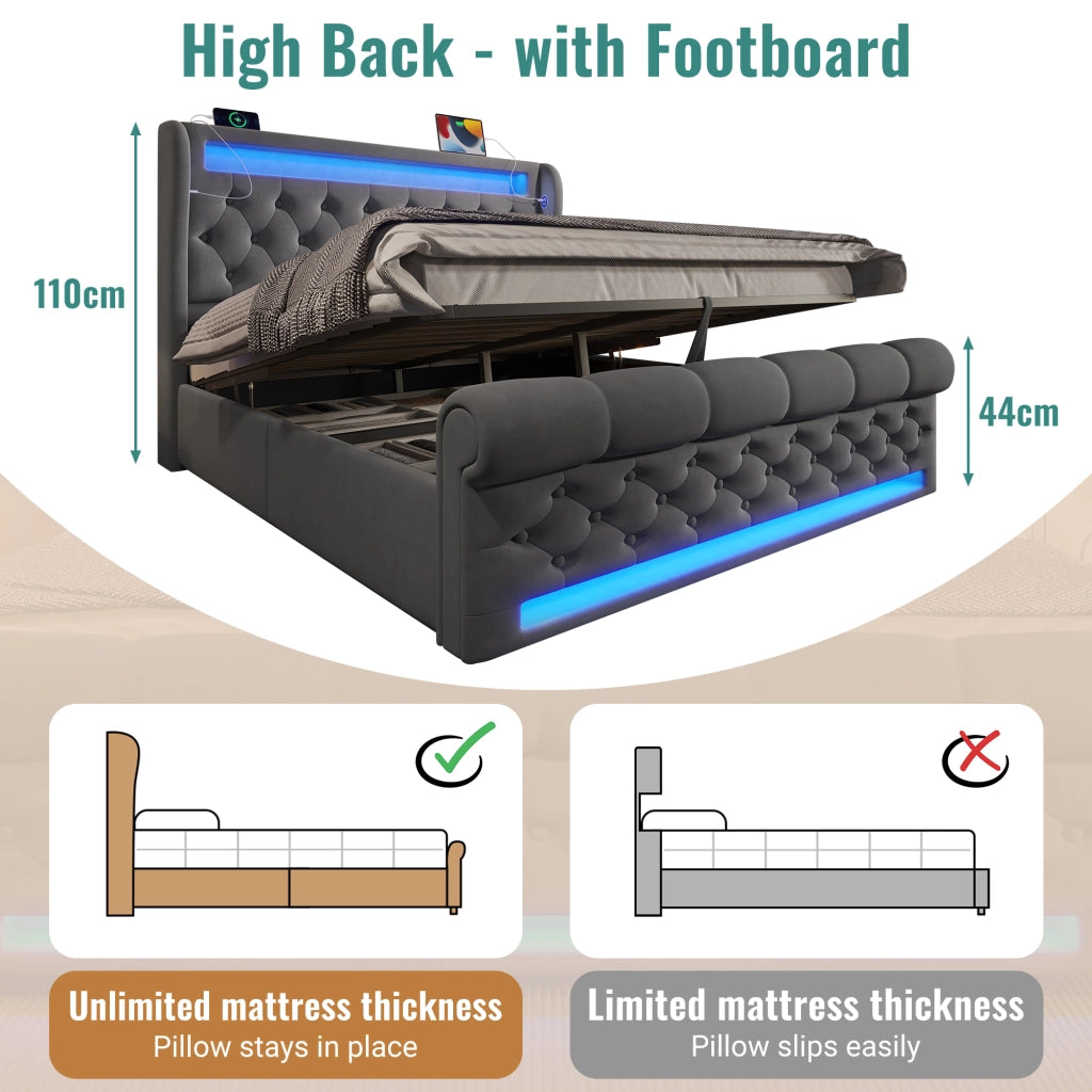 DESMIU Letto contenitore 140 × 200 cm 2 posti con LED, USB e Type C, senza materasso, in velluto, grigio
