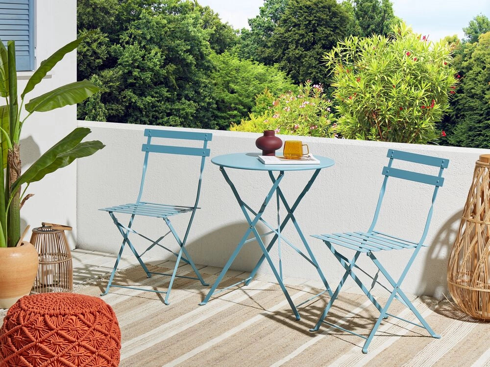 Set da balcone 3 elementi tavolo e sedie rotonde da esterno in acciaio blu pieghevole all'aperto
