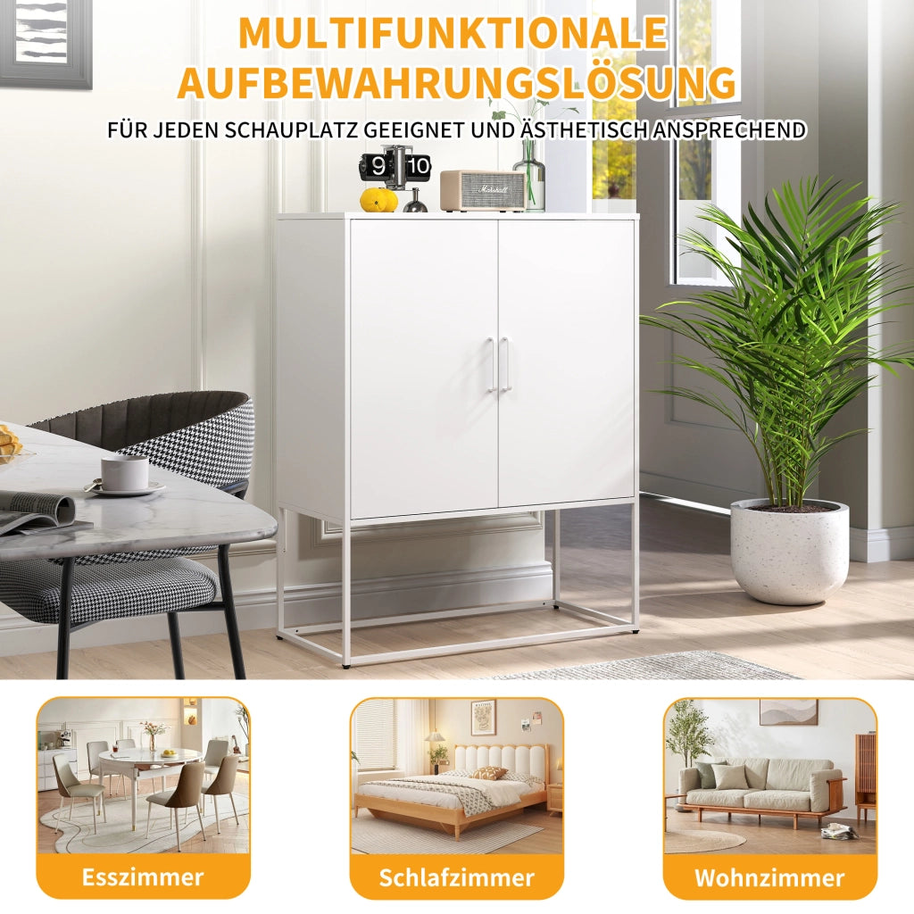 Credenza/mobile contenitore in metallo con 2 ripiani, mobile in acciaio autoportante, ante magnetiche, dispositivo antiribaltamento, adatto per soggio