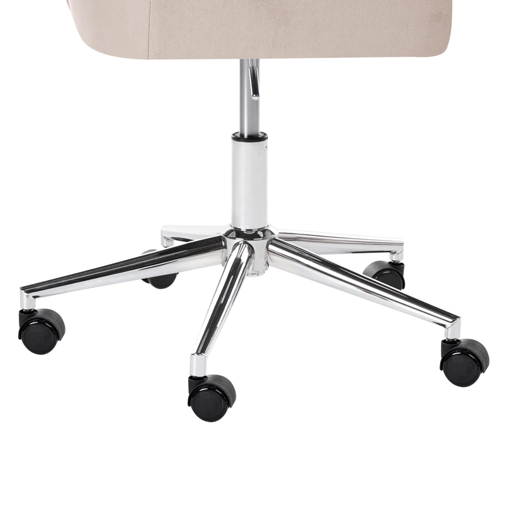 Sedia da ufficio in velluto beige con meccanismo a gas per la regolazione dell'altezza schienale trapuntato con cristalli e base girevole a 360°