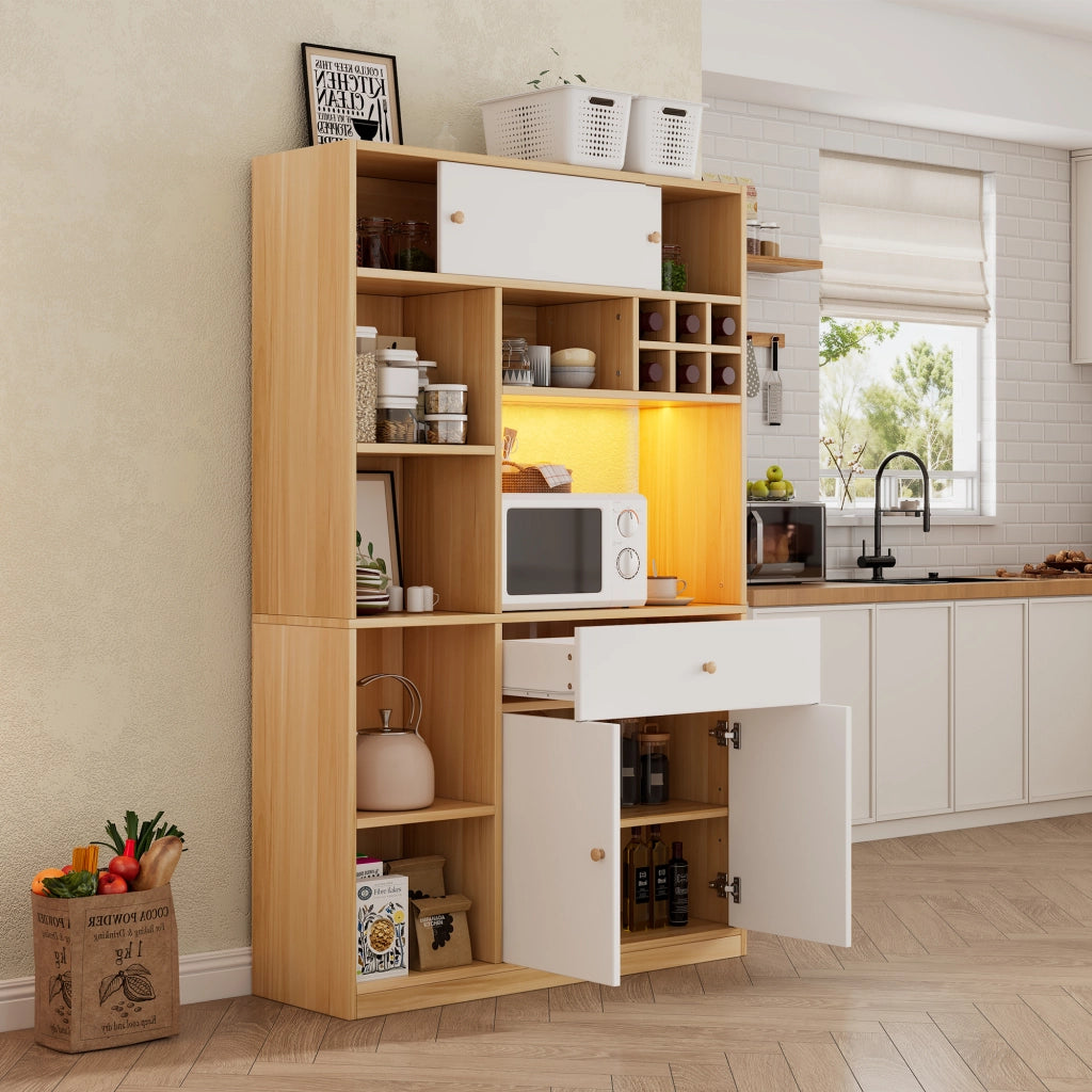 Credenza da Cucina Alta con 3 Ante; 1 Cassetto; Ripiani Aperti e LED per Cucina in Pannelli; Bianco Naturale 115x35x180 cm