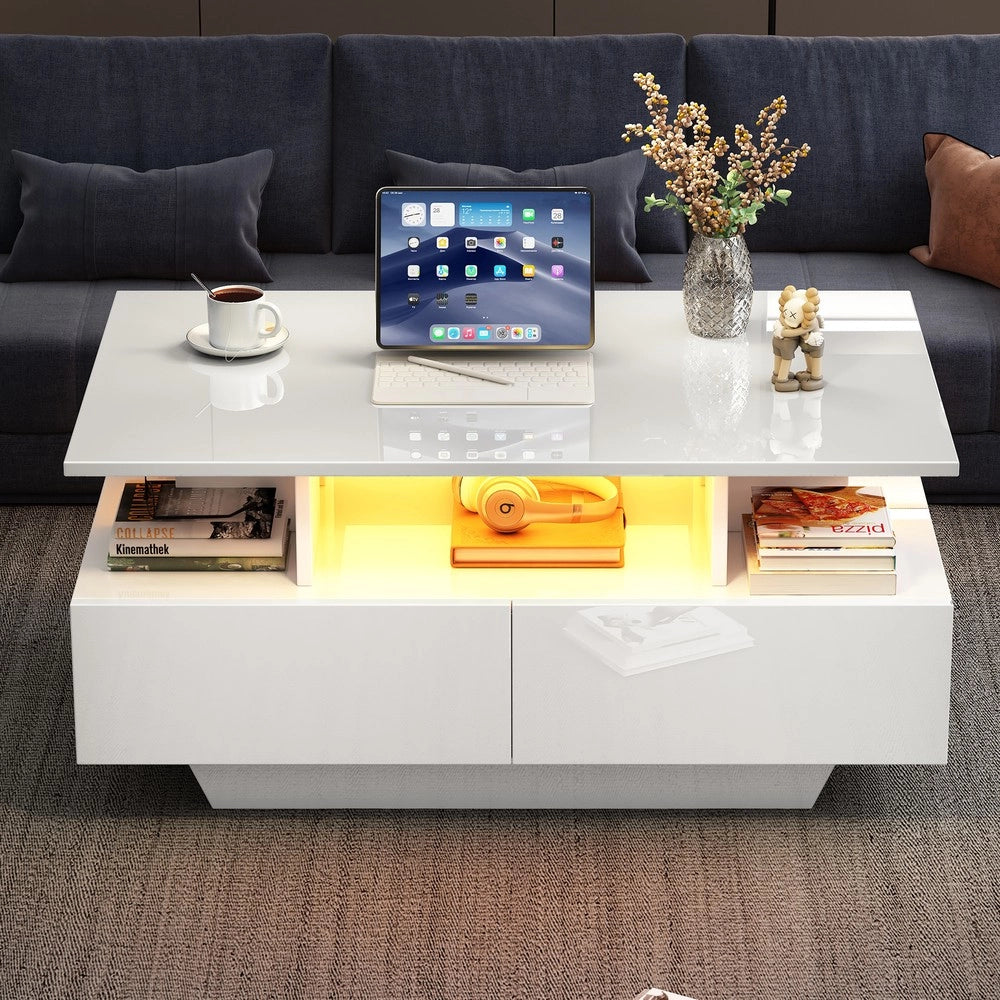 Tavolino da Caff¨¨ con LED e 2 Cassetti ¨C Xylo ¨C Bianco Lucido 90x55x41 cm