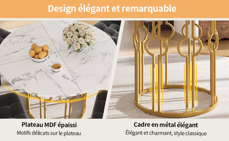 Tavolo da pranzo rotondo 100x100x76 cm in MDF e metallo, colore oro e bianco