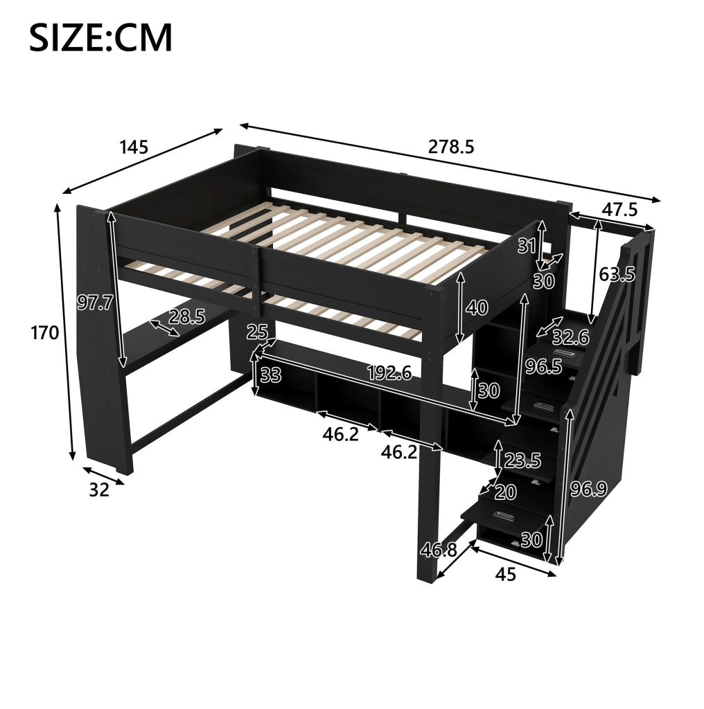 Letto a soppalco 140x200 con scrivania, scala contenitore e LED
