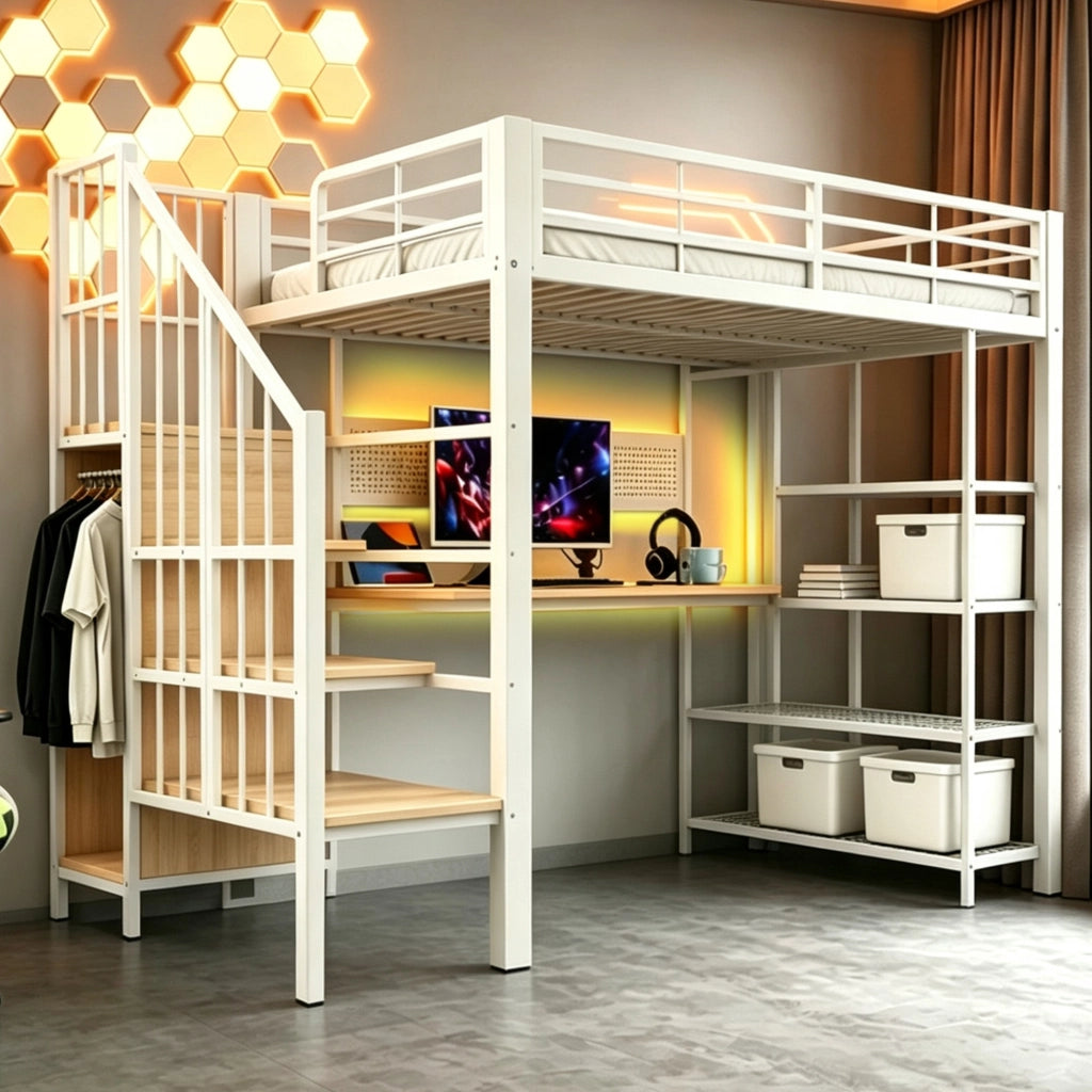 DESMIU Lit soppalco 90 × 200 cm 1 posto con scala contenitore, LED, prese, ripiani, senza materasso, in metallo e legno, bianco