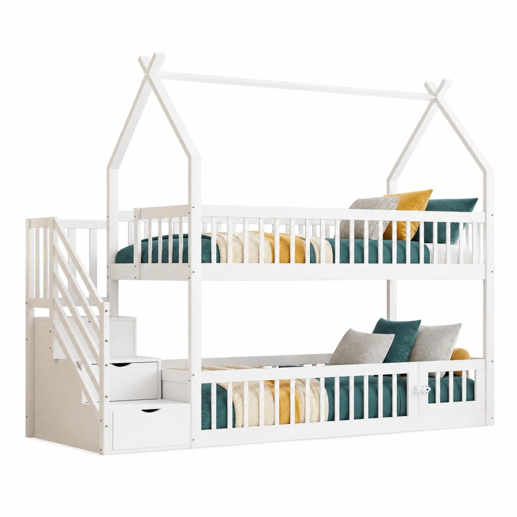 Letto a castello per bambini 90x200 cm con tetto, scala sicura e cassetti