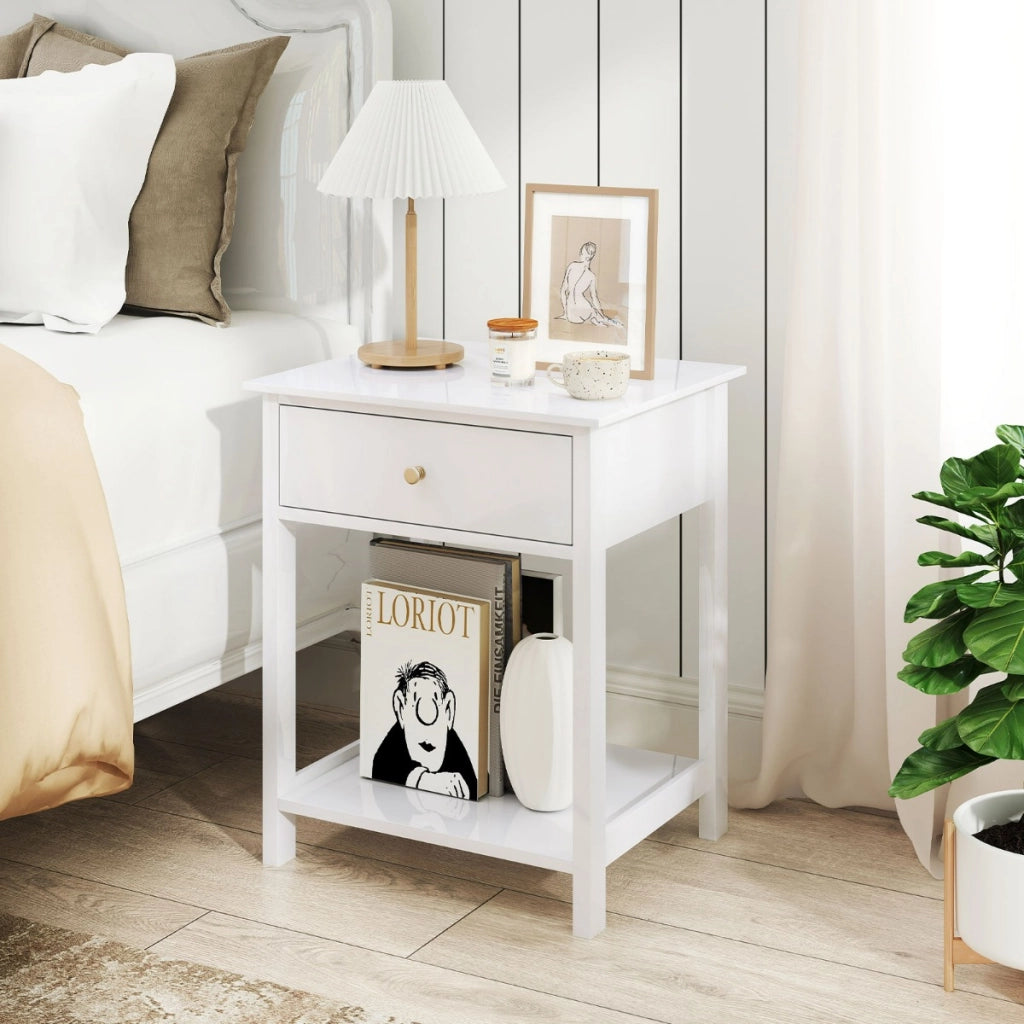 Comodino in legno con cassetto e scaffale aperto-Tavolino compatto per soggiorno con spazio di archiviazione Bianco