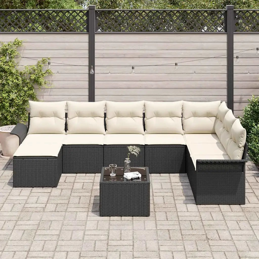 Set Divano da Giardino con cuscino 9 pcs Nero Poly Rattan