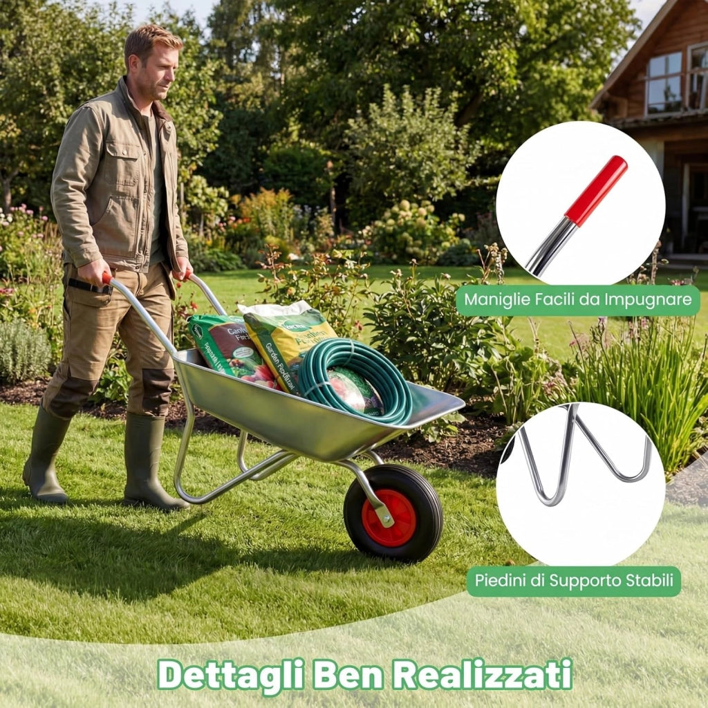Carriola da Giardino, Carriola a Ruota Singola con 2 Manici Ergonomici e Ruota in Gomma, Capacità 62,5L 136 kg, Acciaio Zincato, per Giardinaggio, Costruzioni e Trasporto, 133 x 60 x 64 cm