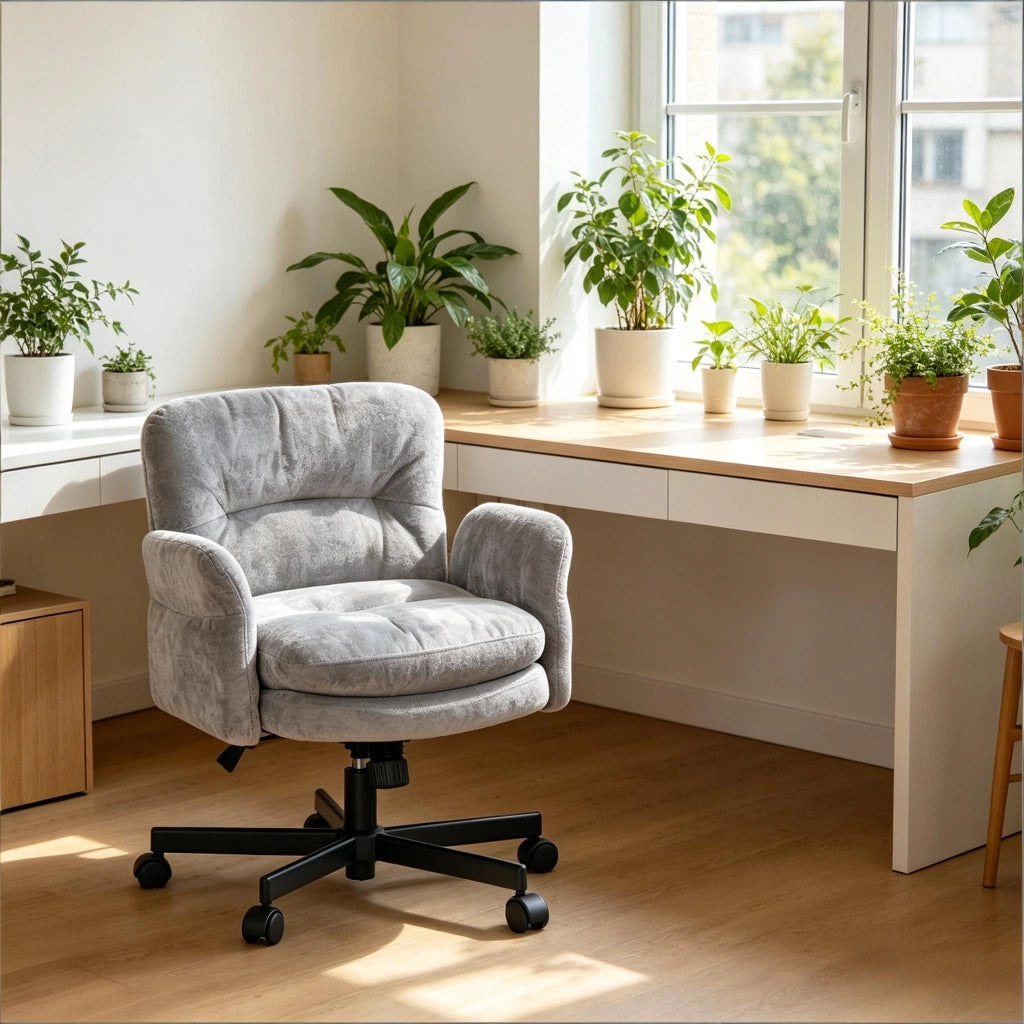 Sedia girevole a 360° in velluto con seduta imbottita, schienale ergonomico e base in metallo per soggiorno grigio