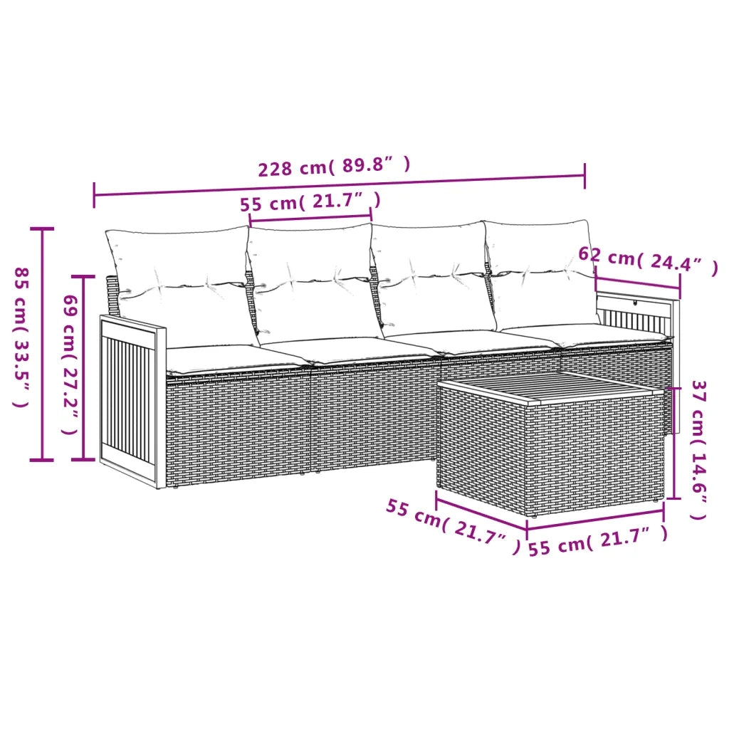 Set Divano da Giardino 5 pz con Cuscini Beige in Polyrattan