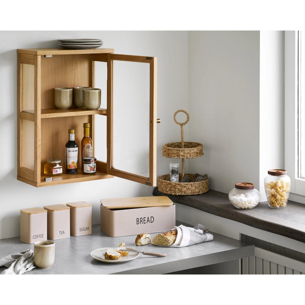 Set cucina Tula: panettiera e 3 contenitori in metallo beige e bambù