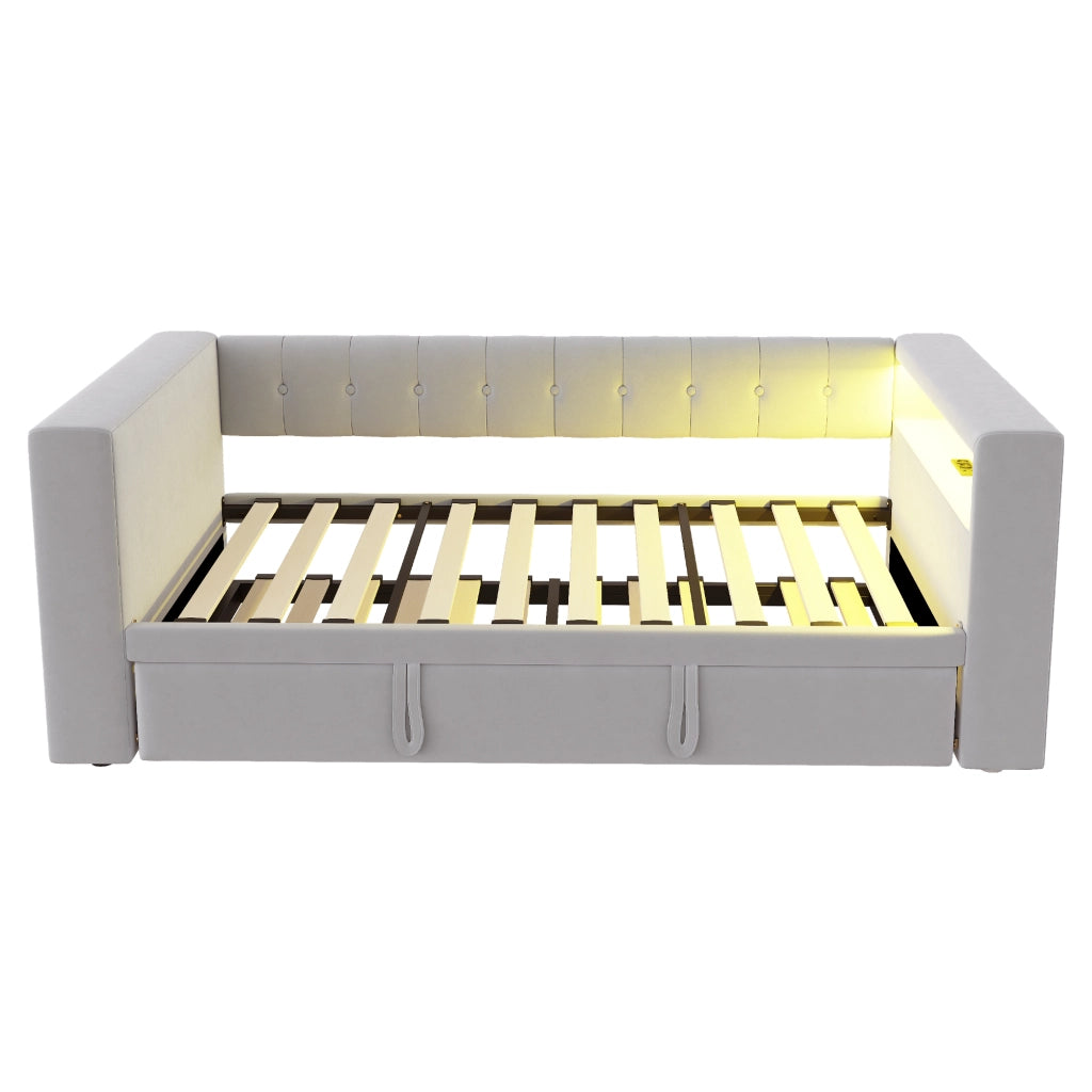 DESMIU Letto singolo 90 × 190 cm e 180 × 190 cm con LED, prese, contenitore, senza materasso, in flanella, grigio chiaro