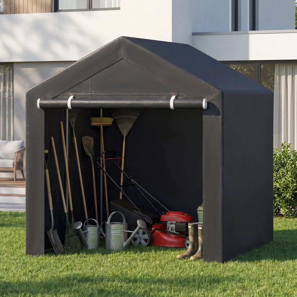 Tenda biciclette da esterno impermeabile con tetto spiovente porta avvolgibile, Capanno porta attrezzi da giardino per moto e legna 220 x 160 x 174 cm
