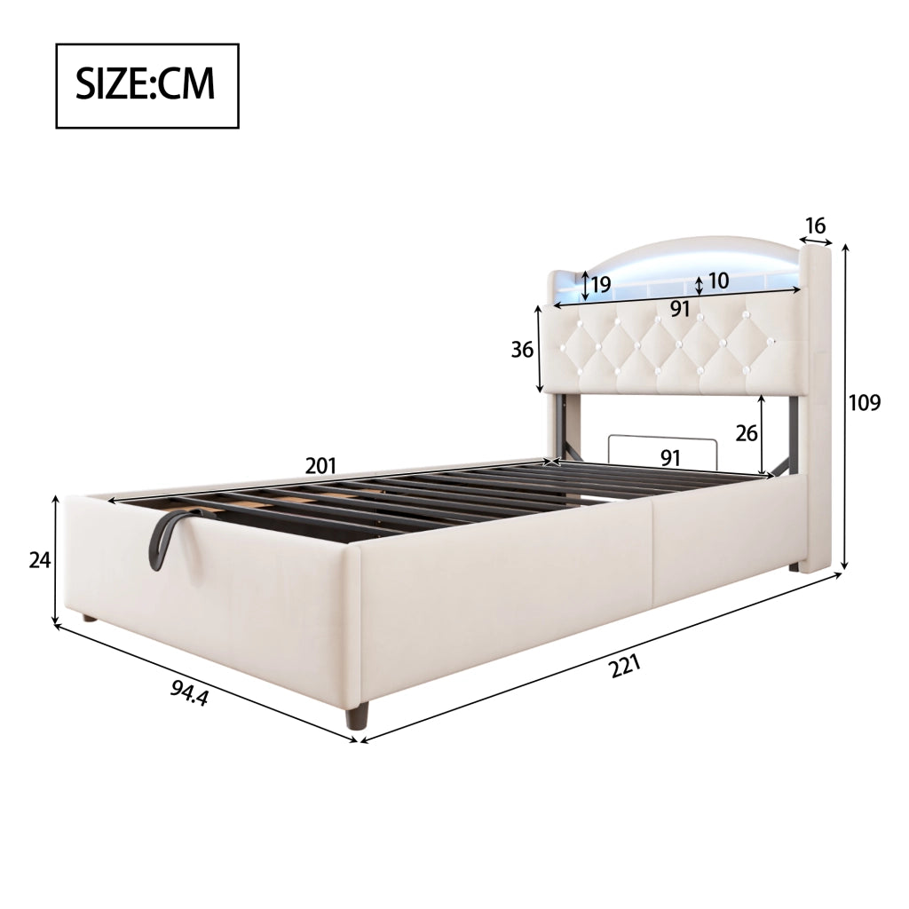 LETTO imbottito 90x200 cm in velluto beige con contenitore, LED e USB