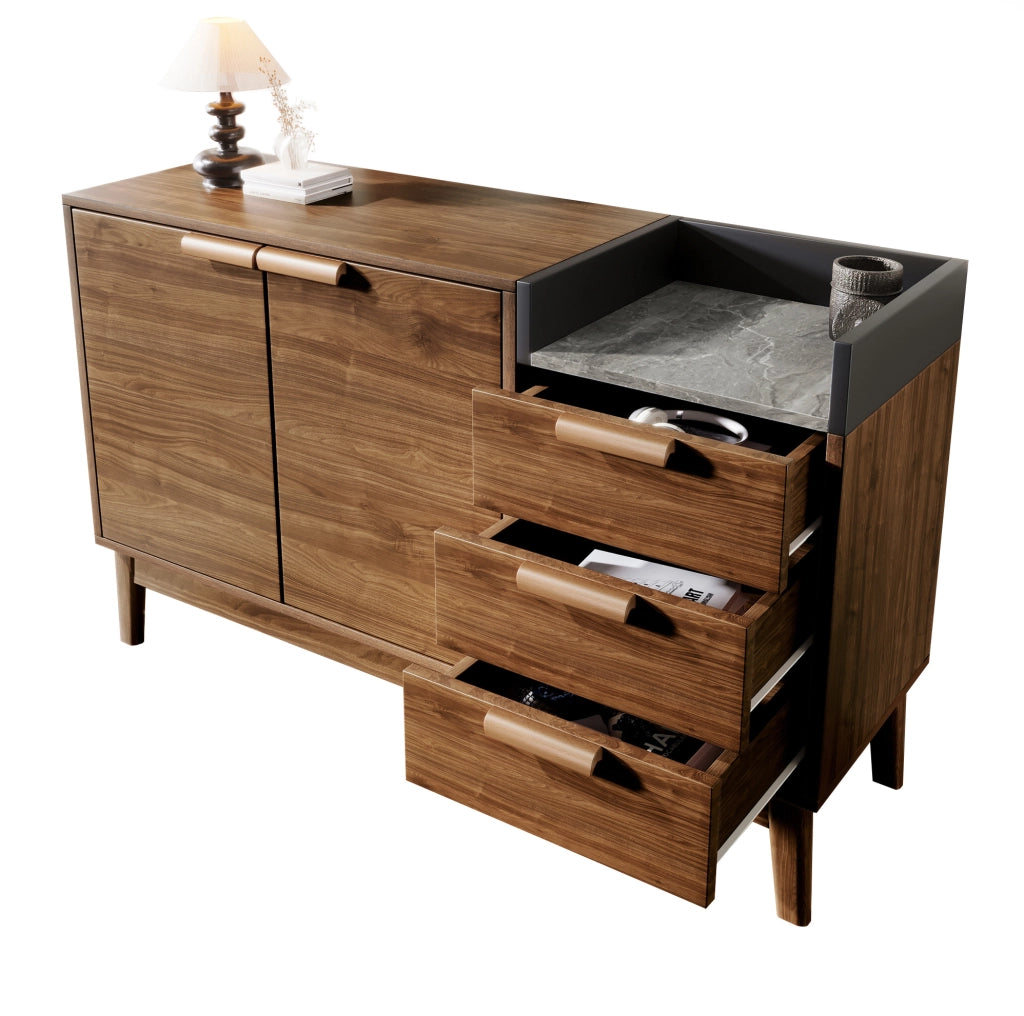 Credenza 120x40x77 cm con 3 cassetti e armadietto a 2 ante; ripiano regolabile in legno e metallo rovere scuro