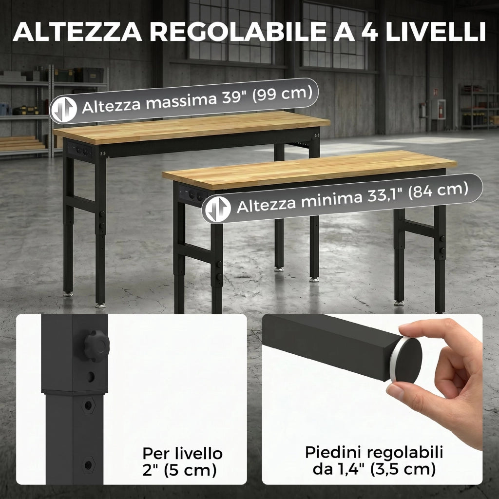 Banco da Lavoro Regolabile ¨C Xylo ¨C Legno e Acciaio, 2 Prese AC, 900 kg
