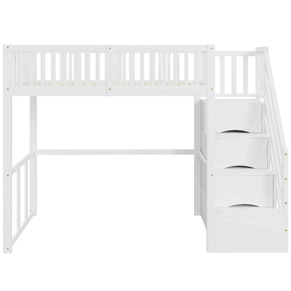 OKWISH Letto a Soppalco Letto Singolo con Scala Contenitore, Tavolo, 90×200 cm, senza Materasso, in Legno, Bianco