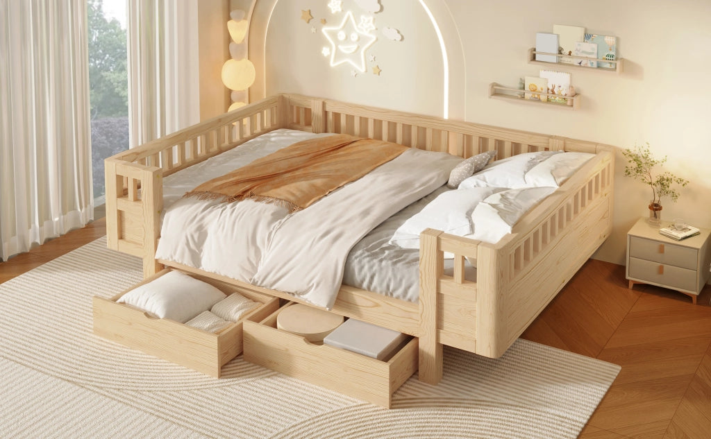 DESMIU Letto per bambini 140 × 200 cm con 2 cassetti, senza materasso, in legno massiccio e MDF, colore legno
